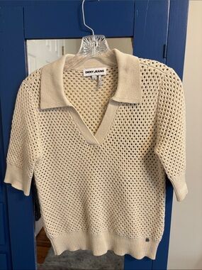 DKNY Open-Knit Short Sleeve Polo Sweater in Cream - XS